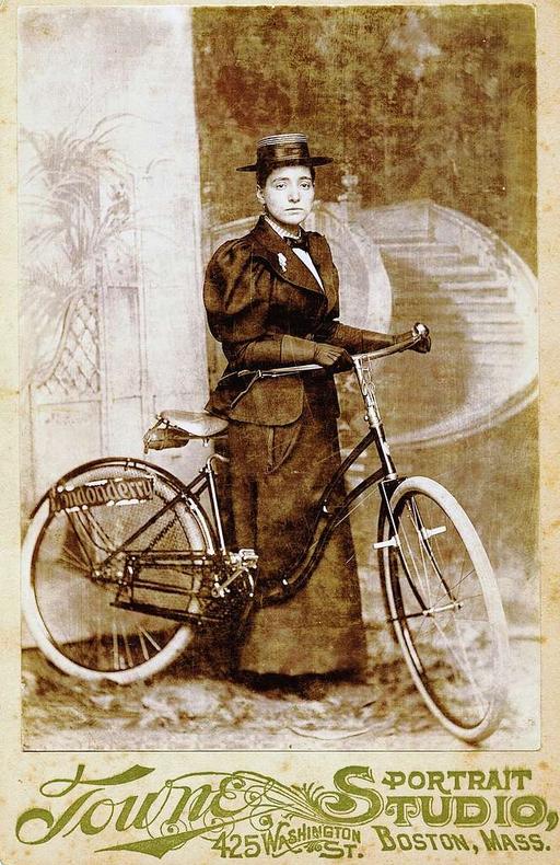 Annie Londonderry vers 1896, annie londonderry, bicycle, woman, cyclist, portrait, 1890 s, cycling, globe, world, traveler